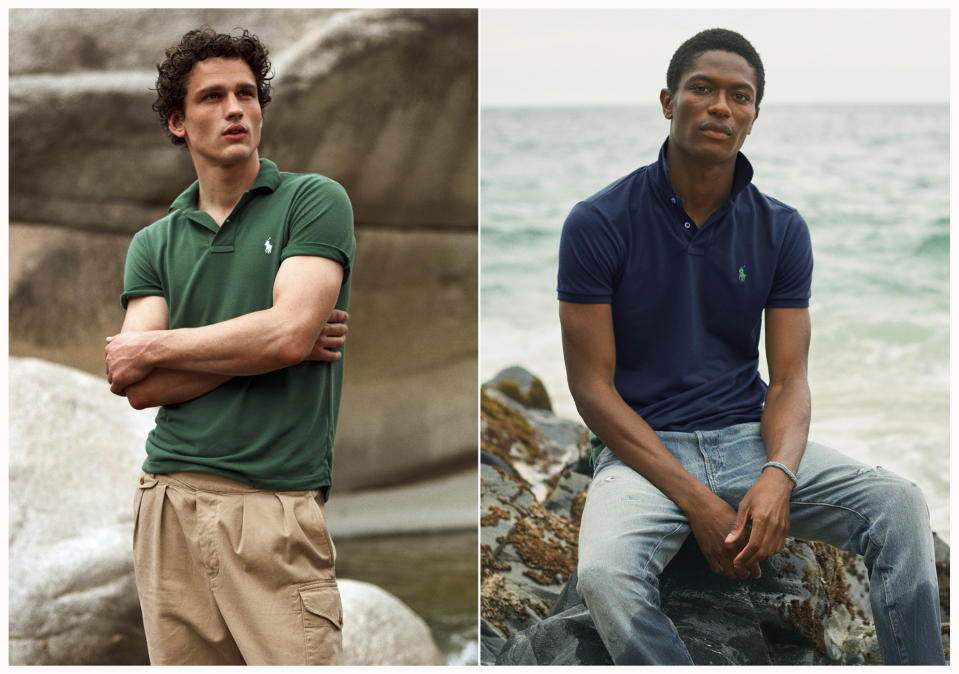 This combination of photos released by Ralph Lauren shows Polo shirts made from recycled plastic bottles. Each shirt is made from an average of 12 bottles collected in Taiwan, where the Polos are made, in partnership with an organization called First Mile. The shirts will be available Thursday for men and women at RalphLauren.com and in stores around the globe. (Ralph Lauren via AP)