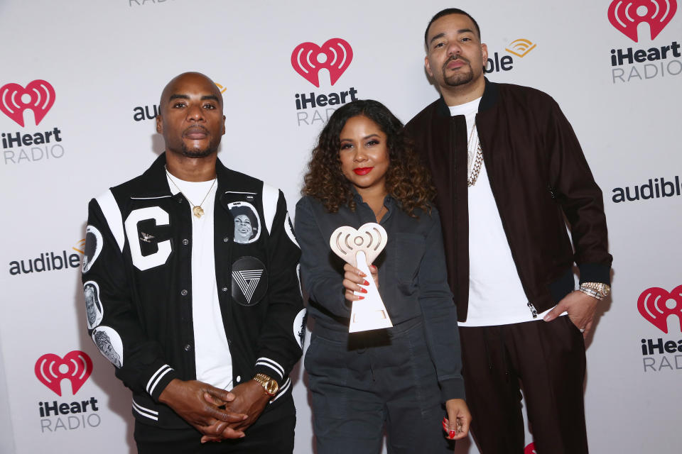 BURBANK, CALIFORNIA – JANUARY 17: (FOR EDITORIAL USE ONLY) (L-R) Charlamagne tha God, Angela Yee, and DJ Envy, winners of the Best Pop Culture Podcast award for ‘The Breakfast Club,’ attend the 2020 iHeartRadio Podcast Awards at the iHeartRadio Theater on January 17, 2020 in Burbank, California. (Photo by Tommaso Boddi/Getty Images for iHeartMedia)