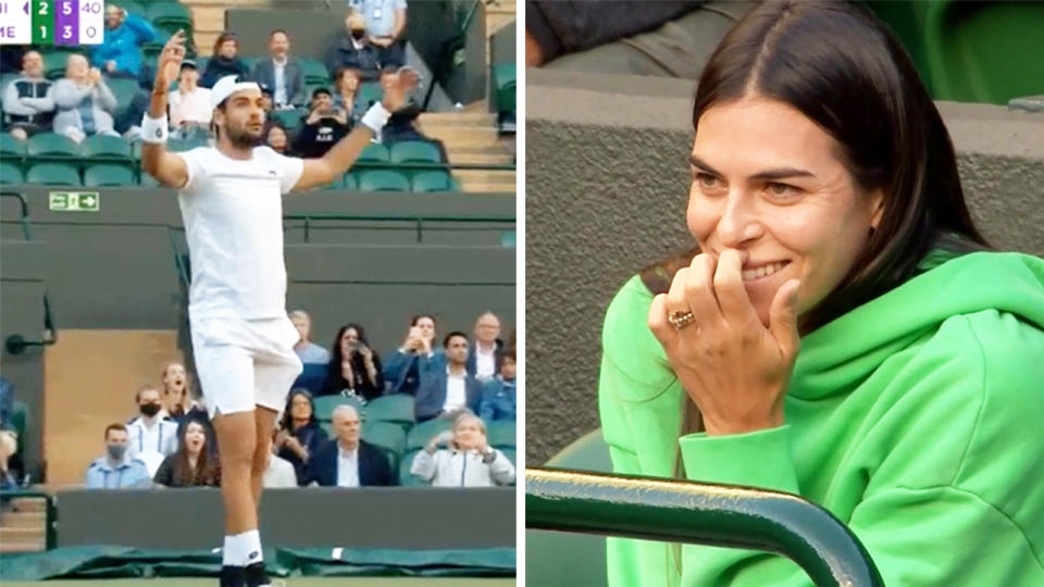 Matteo Berrettini (pictured left) celebrating after thought he had won his Wimbledon semi-final and (pictured right) girlfriend Ajla Tomljanovic sharing a laugh.
