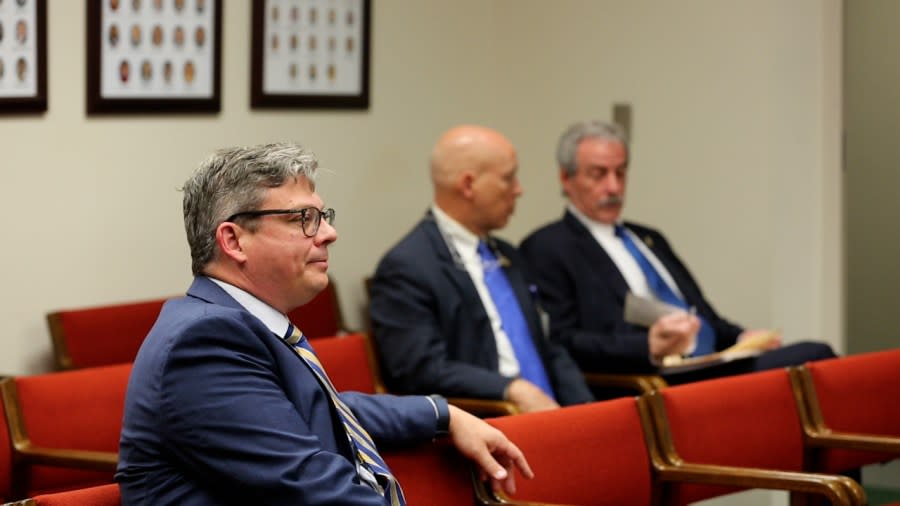 Patrick McLaughlin (foreground) and SLED Chief Mark Keel (far right) testified at an education committee meeting inside the SC State House during this public meeting on Feb. 7, 2023. (WJZY Photo/Jody Barr)