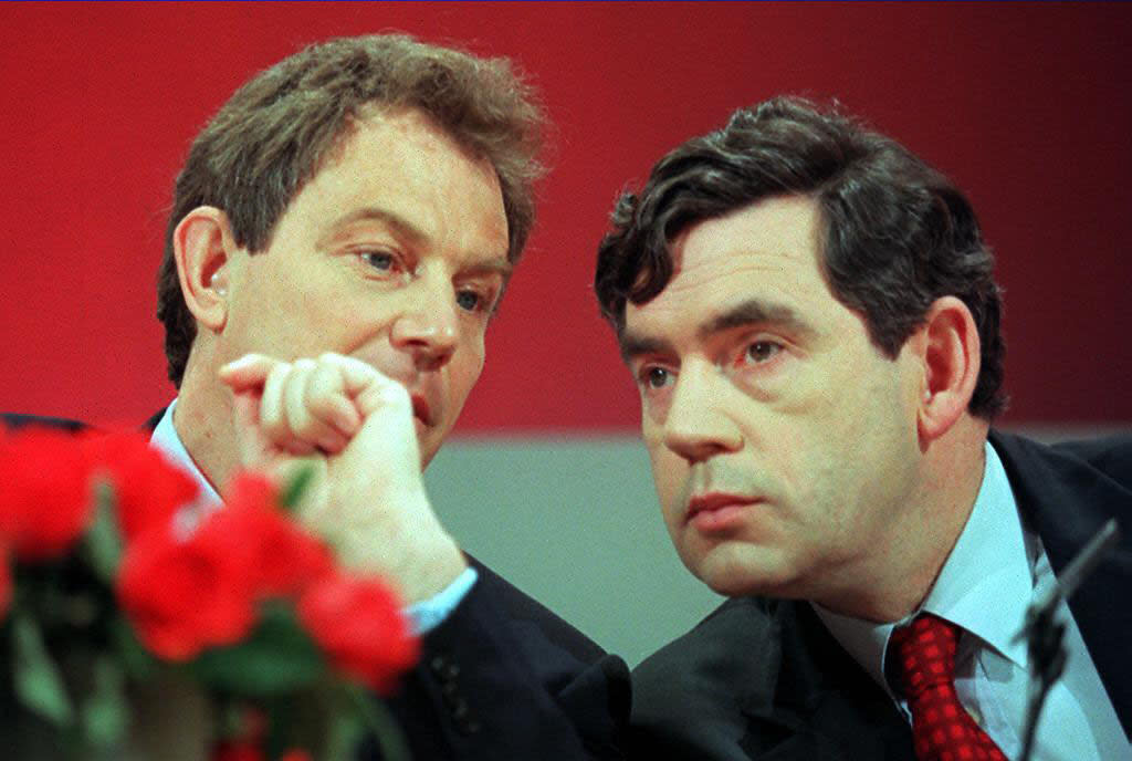 Programme Name: Blair & Brown: The New Labour Revolution - TX: n/a - Episode: Blair & Brown: The New Labour Revolution - ep 2 (No. 2) - Picture Shows: Tony Blair, opposition Labour party leader, and Gordon Brown, shadow chancellor, confer at a 1997 election campaign press conference.  Tony Blair, Gordon Brown - (C) Getty - Photographer: Johnny Eggitt/AFP