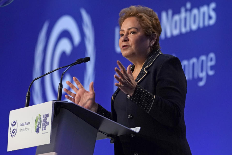 FILE - Patricia Espinosa, UNFCCC Executive-Secretary speaks during the Procedural Opening of the COP26 U.N. Climate Summit in Glasgow, Scotland, Sunday, Oct. 31, 2021. U.N. climate chief Patricia Espinosa was not happy with a last-minute fight over coal that ended in a compromise at the Glasgow climate talks. Still, she's satisfied, calling the final Glasgow Climate Pact a good compromise, said in an interview with The Associated Press Sunday Nov. 14, 2021. (AP Photo/Alberto Pezzali, Pool, File)