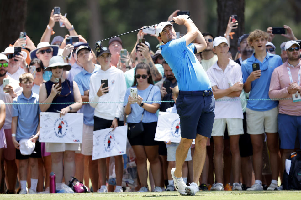 Scheffler during Tuesday’s practice round. (Alex Slitz/Getty Images)