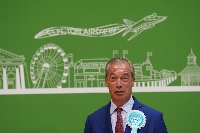 Reform UK leader Nigel Farage gives a victory speech at Clacton Leisure Centre in Clacton, Essex, during the count for the 2024 General Election