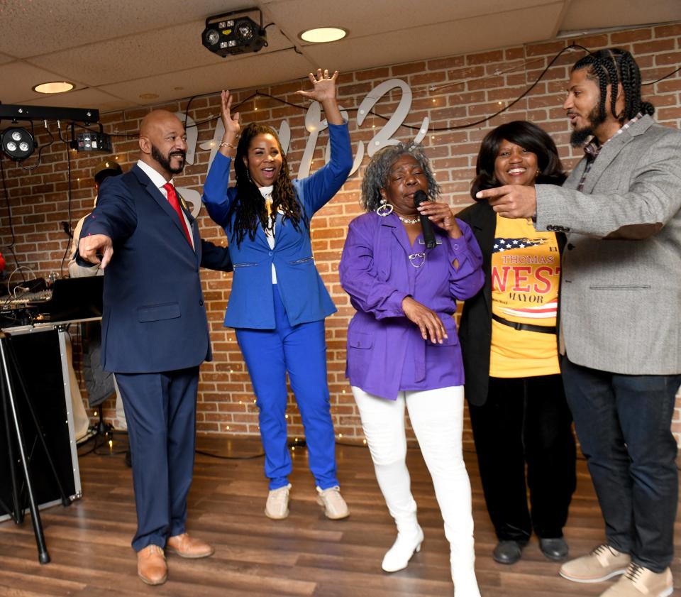 Democratic primary candidate for Canton mayor Thomas West, council at-large candidate Crystal Smith, Ward 4 Councilwoman Chris Smith, Ward 3 Councilwoman Brenda Kimbrough and council at-large candidate Nathaniel Chester III wait for election day results at Starz in Canton.