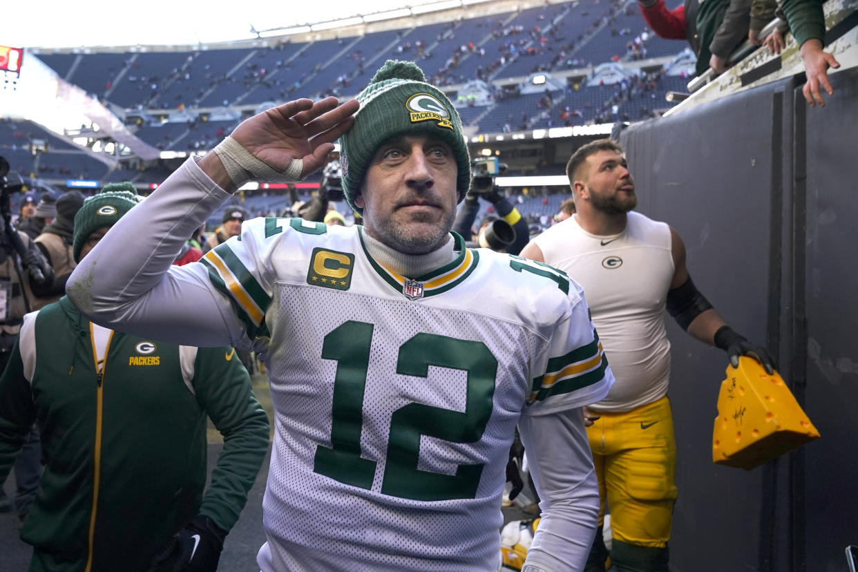 Aaron Rodgers leaves Chicago's Solider Field for the last time as a Packer in December. (AP Photo/Charles Rex Arbogast, File)