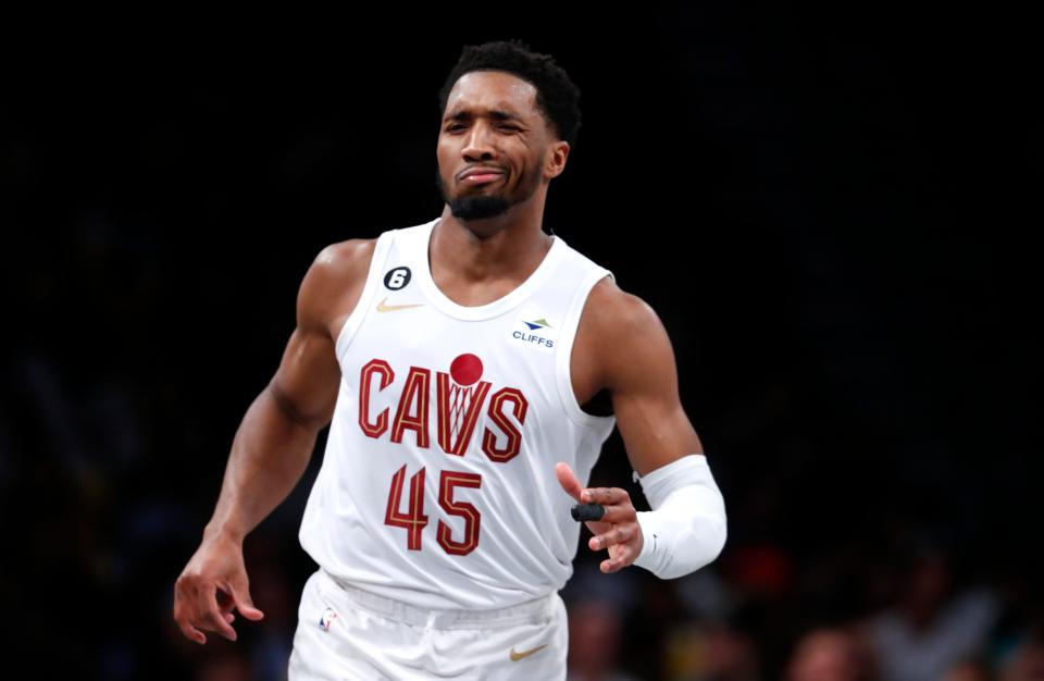 Cavaliers guard Donovan Mitchell reacts after making a 3-pointer against the Brooklyn Nets on March 21.