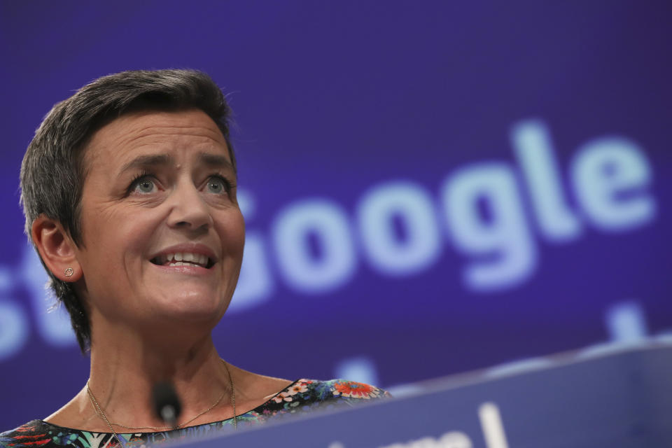 European Competition Commissioner Margrethe Vestager speaks during a media conference at EU headquarters in Brussels, Wednesday, March 20, 2019. European Union regulators have hit Google with a 1.49 billion euro ($1.68 billion) fine for abusing its dominant role in online advertising. (AP Photo/Francisco Seco)