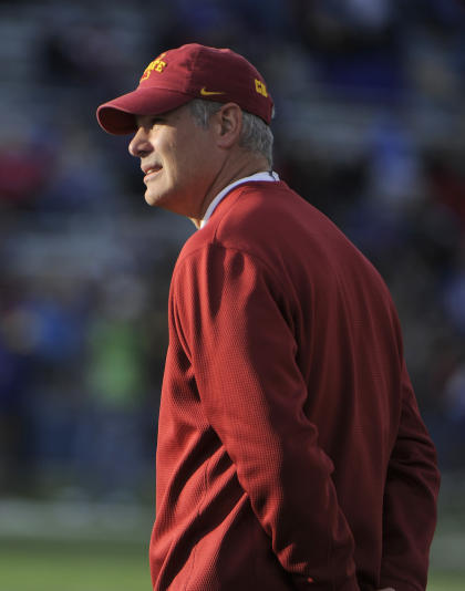 Nov 8, 2014; Lawrence, KS, USA; Iowa State Cyclones head coach Paul Rhoads on the sidelines against the Kansas Jayhawks in the first half at Memorial Stadium. (John Rieger-USA TODAY Sports)
