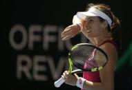 Britain's Johanna Konta reacts during her semi-final match against Germany's Angelique Kerber at the Australian Open tennis tournament at Melbourne Park, Australia, January 28, 2016. REUTERS/Issei Kato