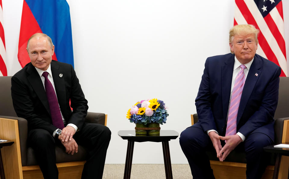 Then-US President Donald Trump meets with Russian President Vladimir Putin at the G20 Summit in Osaka, Japan, June 28, 2019. 