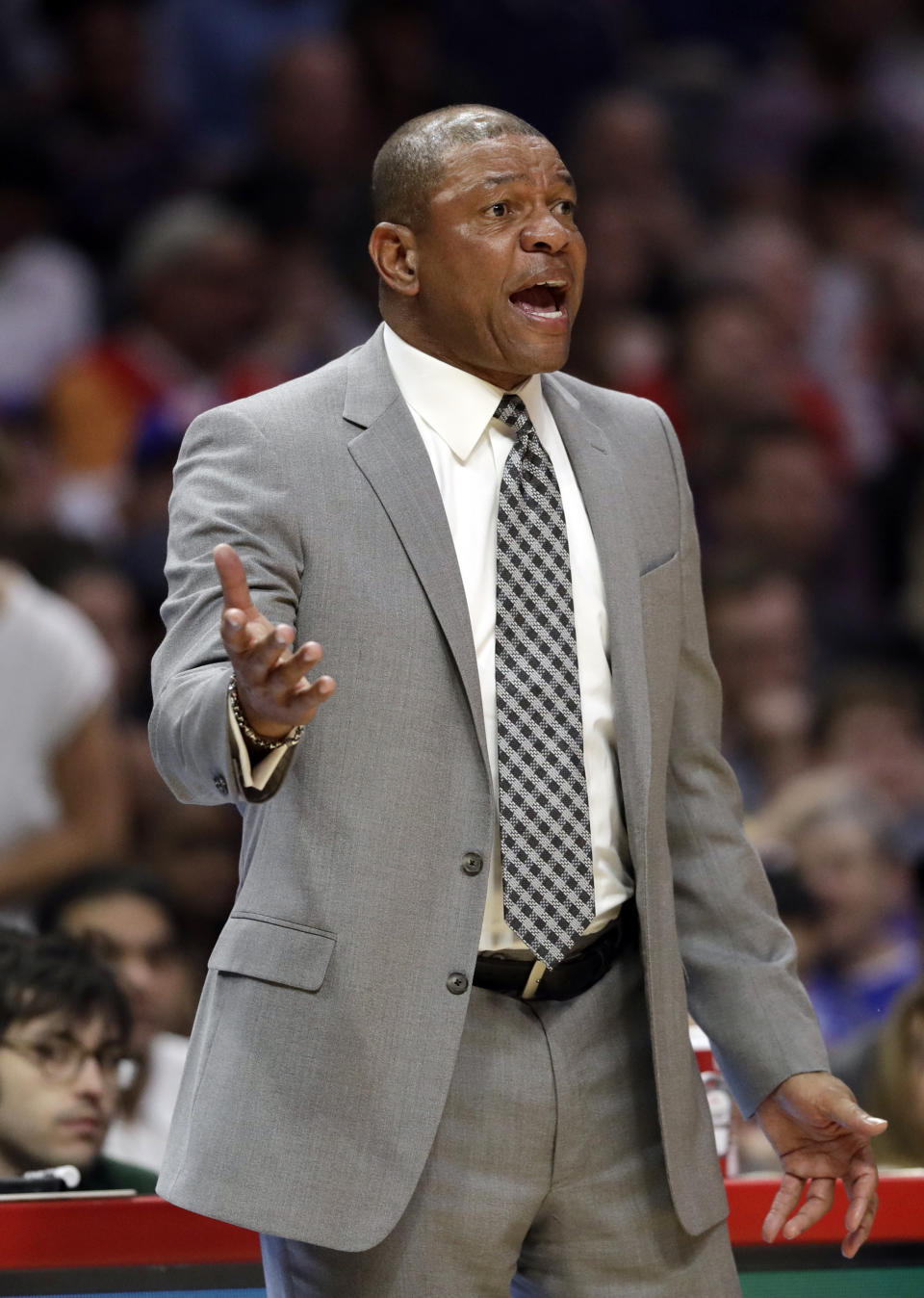 Los Angeles Clippers coach Doc Rivers argues a call during the first half of the team's NBA basketball game against the Brooklyn Nets on Sunday, March 17, 2019, in Los Angeles. (AP Photo/Marcio Jose Sanchez)