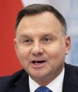 File-File picture taken Nov.21, 2019 shows Poland's President Andrzej Duda speaking during a news conference at the Presidential Palace in Vilnius, Lithuania. (AP Photo/Mindaugas Kulbis, file)