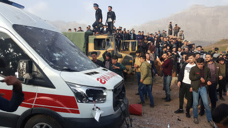 Protesters gather after they stormed a Turkish military camp near Dohuk, Iraq January 26, 2019. REUTERS/Stringer