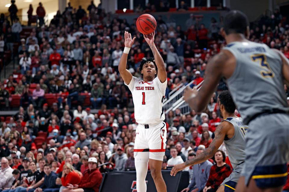 Texas Tech's Terrence Shannon Jr. (1) shoots the ball during the second half of a Big 12 Conference game Saturday against West Virginia at United Supermarkets Arena. Shannon finished with a season-high 23 points.