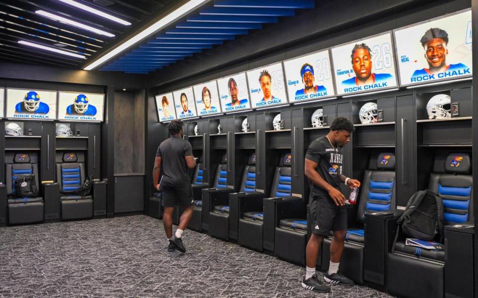 Student-athletes in the Kansas football program have an upgraded locker room that was unveiled during a media tour Tuesday, Aug. 8, 2023, at the Anderson Football Complex in Lawrence, Kansas.