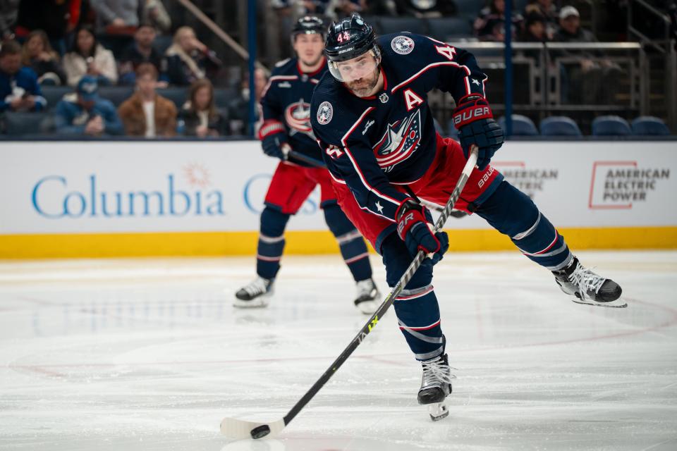 Dec 23, 2023; Columbus, Ohio, USA;
Columbus Blue Jackets defenseman Erik Gudbranson (44) passes the puck during the first period of their game against the Toronto Maple Leafs on Saturday, Dec. 23, 2023 at Nationwide Arena.