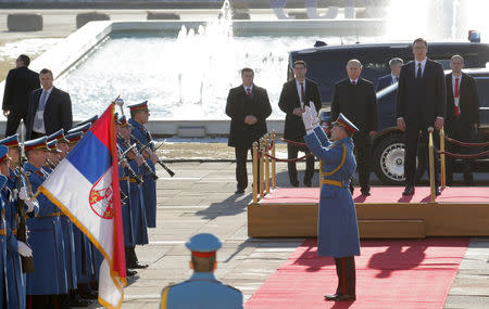 Russian President Vladimir Putin and Serbian President Aleksandar Vucic attend an official welcome ceremony in Belgrade, Serbia January 17, 2019. Maxim Shipenkov/Pool via REUTERS
