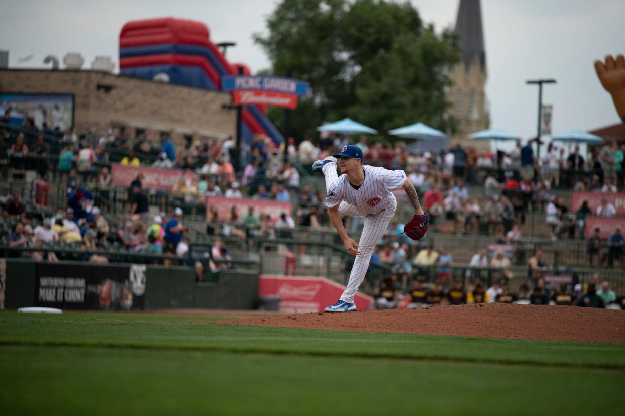 Cade Horton throws the first pitch of the South Bend Cubs vs. Fort Wayne TinCaps game at Four Winds Stadium in South Bend on June 23, 2023.