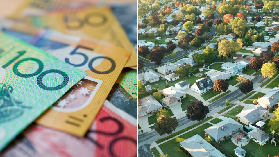 Compilation image of pile of Australian dollars and row of houses in leafy suburb