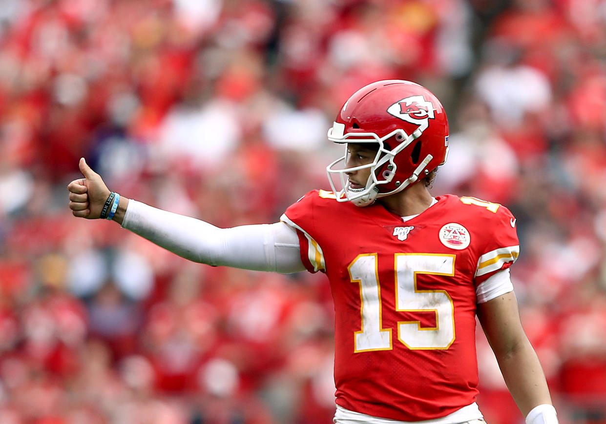 KANSAS CITY, MISSOURI - SEPTEMBER 22:  Quarterback Patrick Mahomes #15 of the Kansas City Chiefs celebrates as the Chiefs defeat the Baltimore Ravens 33-28 to win the game at Arrowhead Stadium on September 22, 2019 in Kansas City, Missouri. (Photo by Jamie Squire/Getty Images)