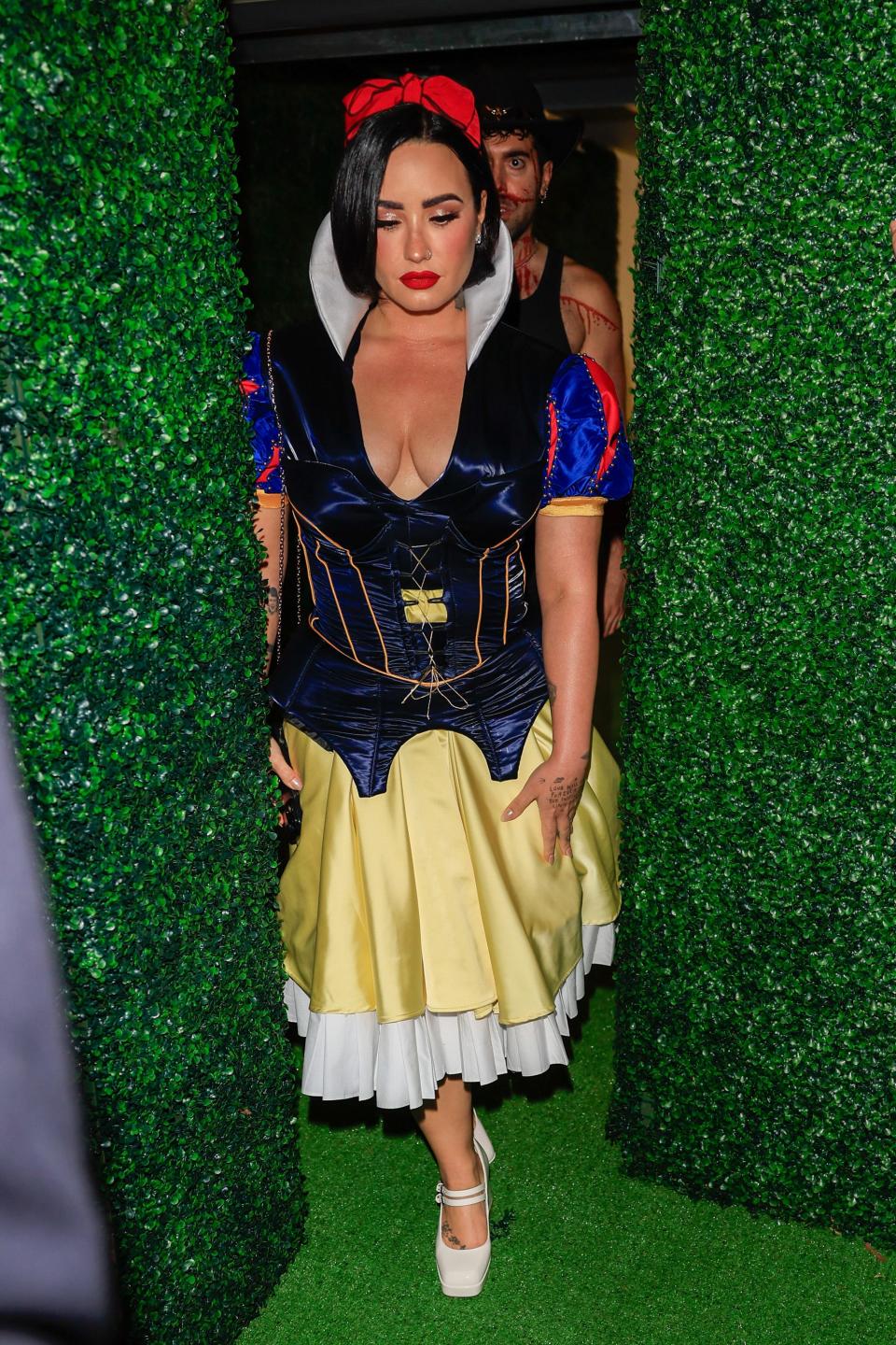 Demi Lovato is seen arriving to Vas Morgan and Michael Braun's Halloween Party on October 28, 2023 in Los Angeles.