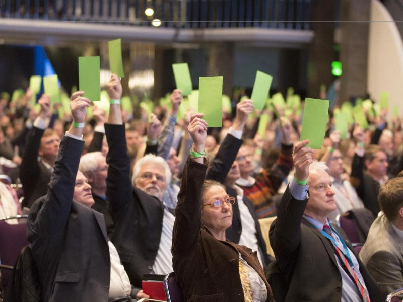 Delegierte der AfD stimmen über einen Geschäftsordnungspunkt ab. Foto: Jörg Sarbach