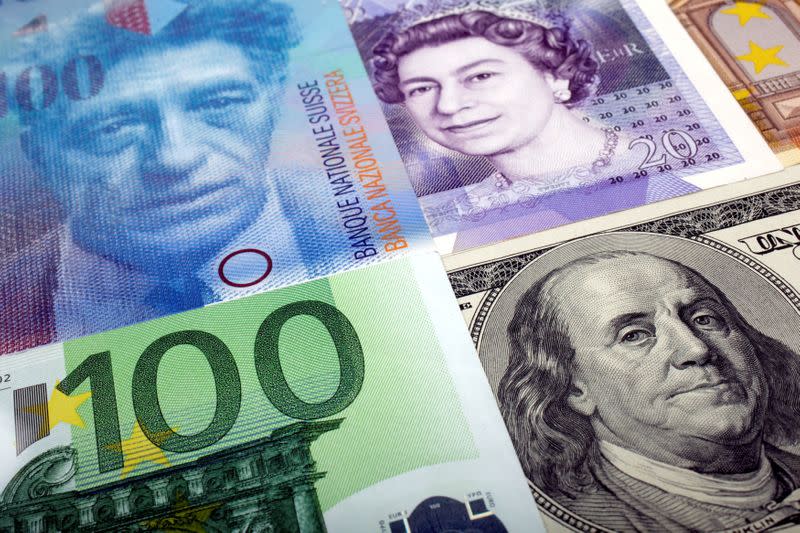 FILE PHOTO: A picture illustration of U.S. dollar Swiss Franc British pound and Euro bank notes