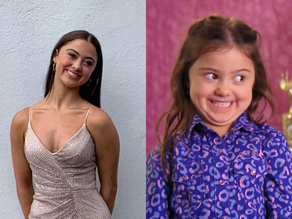 left: kailia posey wearing a shimmering gown at age 16; right: kailia posey at age five grinning on toddlers and tiaras