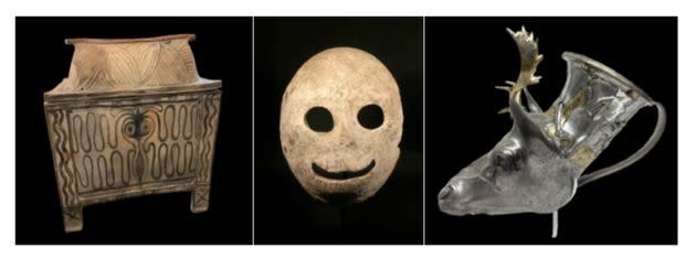 Pictured (from left to right): The Larnax, a Death Mask, and Stag’s Head Rhyton. (Photo: Manhattan District Attorney's office.)