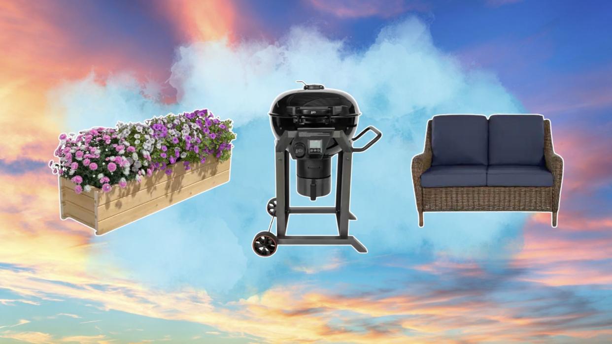  Home Depot Spring Black Friday sale 2024 items including  a flower bed, grill, and outdoor loveseat on a sunset background. 