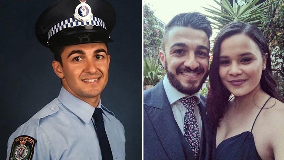 NSW Police Constable Aaron Vidal, 28, is pictured with his fiance Jess Loh.