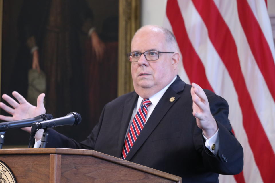 Maryland Gov. Larry Hogan speaks at a news conference on Wednesday, July 15, 2020 in Annapolis, Md., where he announced that the state had uncovered more than 47,500 fraudulently filed unemployment claims adding up to more than $501 million. (AP Photo/Brian Witte