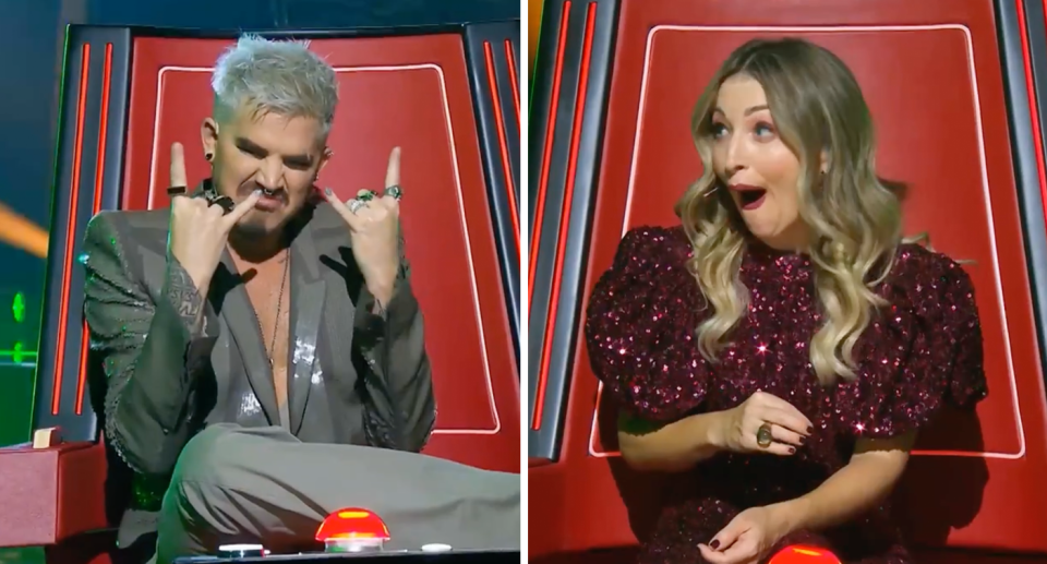 The Voice’s Adam Lambert / Kate Miller-Heidke looking shocked.