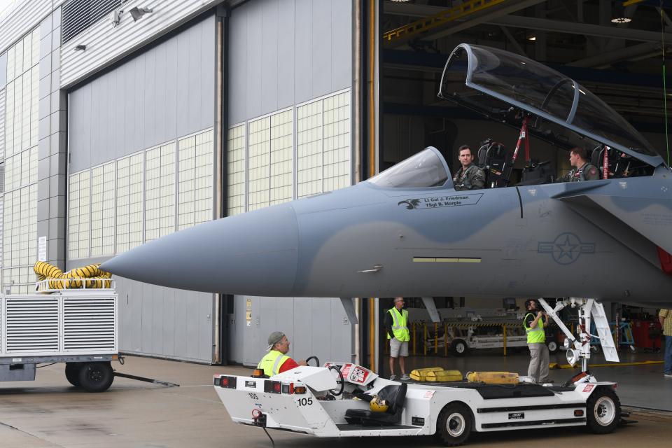 Oregon Air National Guard Majors, Calvin “Knife” Conner and Brandon “Wiggles” Wigton, assigned to the 142nd Wing, 123rd Fighter Squadron, in Portland, Oregon, prepare for takeoff with the newest F-15EX in Berkley, Missouri June 5, 2024. This is one of eighteen new EX models being finalized at the Missouri facility. Once finished all of the aircraft will be assigned to the 142nd Wing at Portland Air National Guard base, in Portland, Oregon. (National Guard photo by Aaron Perkins, Oregon Military Department Public Affairs)