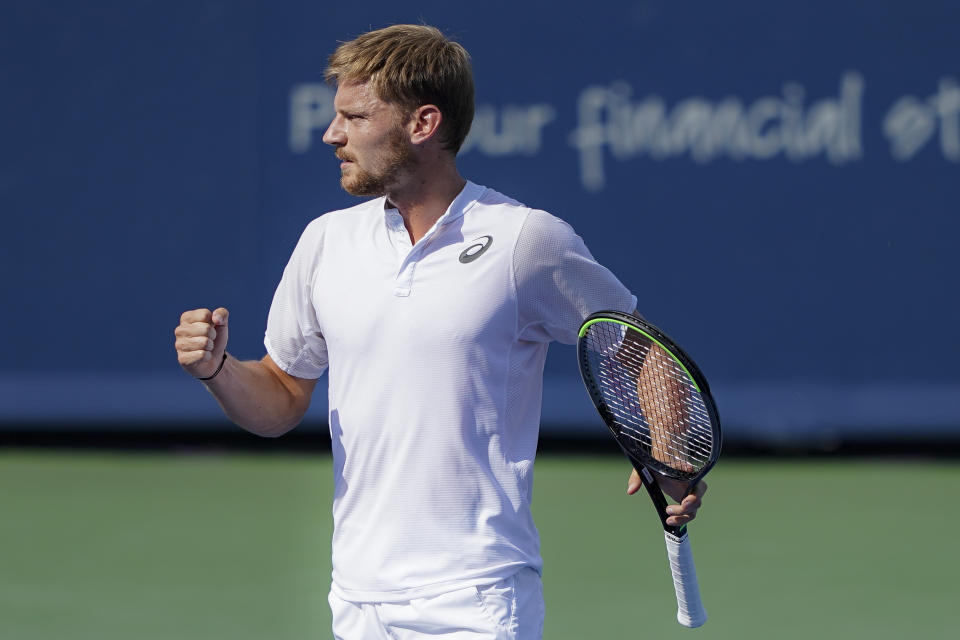 David Goffin, of Belgium, reacts in the men's final match against Daniil Medvedev, of Russia, during the Western & Southern Open tennis tournament Sunday, Aug. 18, 2019, in Mason, Ohio. (AP Photo/John Minchillo)