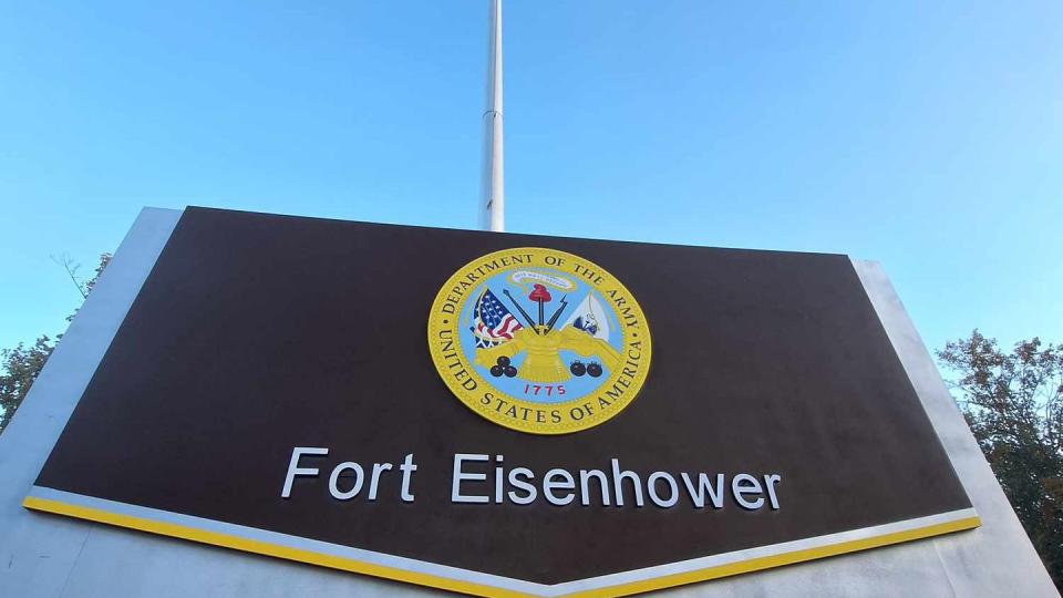 The Main Gate at Fort Eisenhower, Georgia, seen shortly before its Oct. 27, 2023 redesignation ceremony. (Maria Blanchard/Army)