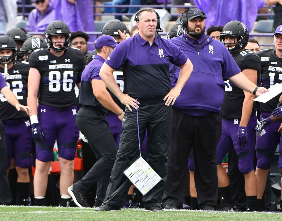 Northwestern head coach Pat Fitzgerald looks on against Michigan State during the first half at Ryan Field, Saturday, Sept. 21, 2019, in Evanston, Ill.