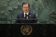 FILE - In this Sept. 21, 2021, file photo, South Korea's President Moon Jae-in addresses the 76th Session of the U.N. General Assembly. North Korea rebuffed South Korea’s push for a declaration to end the 1950-53 Korean War as a way to restore peace, saying Friday, Sept. 24, such a step could be used as a “smokescreen covering up the U.S. hostile policy" against the North. In a speech at the U.N. General Assembly earlier this week, Moon reiterated his calls for the end-of-the-war declaration that he said could help achieve denuclearization and lasting peace on the Korean Peninsula.(Eduardo Munoz/Pool Photo via AP, File)