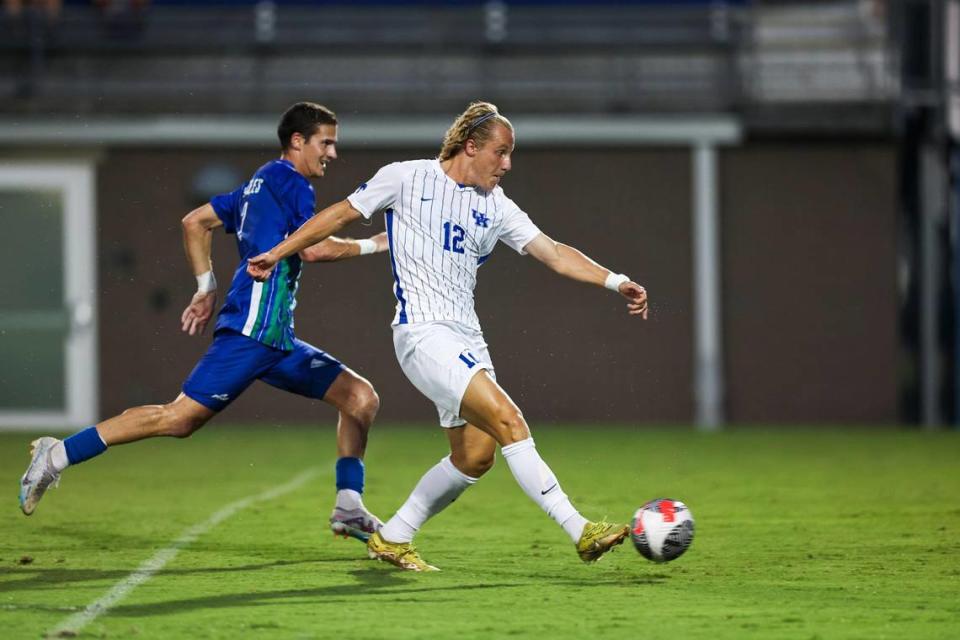 Kentucky’s Logan Dorsey (12) looks to score against Florida Gulf Coast on a breakaway during Thursday night’s season opener in Lexington. Dorsey scored his first goal for the Wildcats in the match.