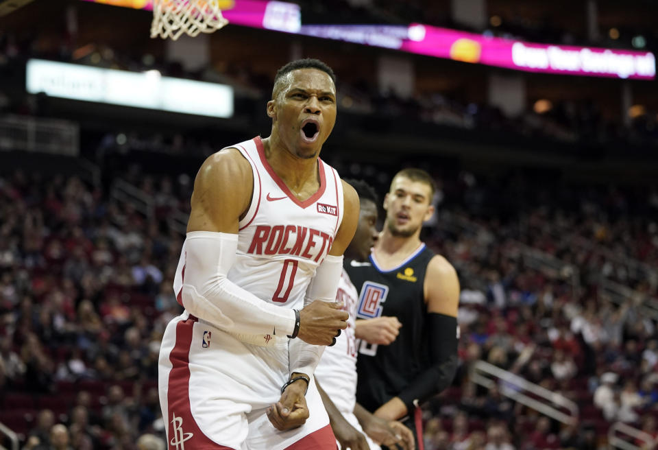 Houston Rockets' Russell Westbrook (0) yells toward an official during the second half of an NBA basketball game against the LA Clippers Wednesday, Nov. 13, 2019, in Houston. The Rockets won 102-93. (AP Photo/David J. Phillip)
