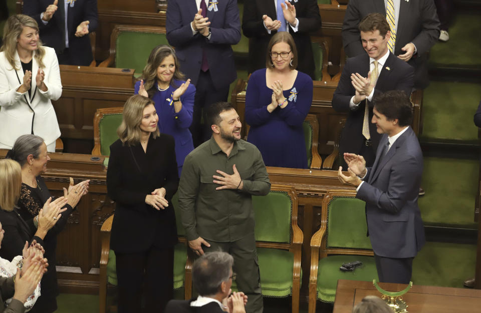 FILE - Ukrainian President Volodymyr Zelenskyy receives a standing ovation from Canadian Prime Minister Justin Trudeau and parliamentarians after delivering a speech in the House of Commons on Parliament Hill in Ottawa, Ontario, on Friday, Sept. 22, 2023. Trudeau apologized Wednesday, Sept. 27, for Parliament’s recognition of Yaroslav Hunka, who fought alongside the Nazis during last week’s address by Zelenskyy. Trudeau said the speaker of the House of Commons, who resigned Tuesday, was “solely responsible” for the invitation and recognition of the man but said it was a mistake that has deeply embarrassed Parliament and Canada. (Patrick Doyle/The Canadian Press via AP, File)
