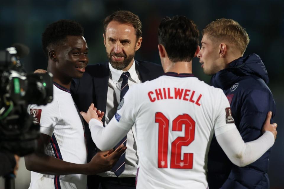 Gareth Southgate with Bukayo Saka, Ben Chilwell and Emile Smith Rowe after the win over San Marino (Action Images via Reuters)