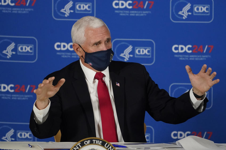 Vice President Mike Pence speaks during a briefing on COVID-19 at the Centers for Disease Control and Prevention Friday, Dec. 4, 2020, in Atlanta. (AP Photo/John Bazemore)