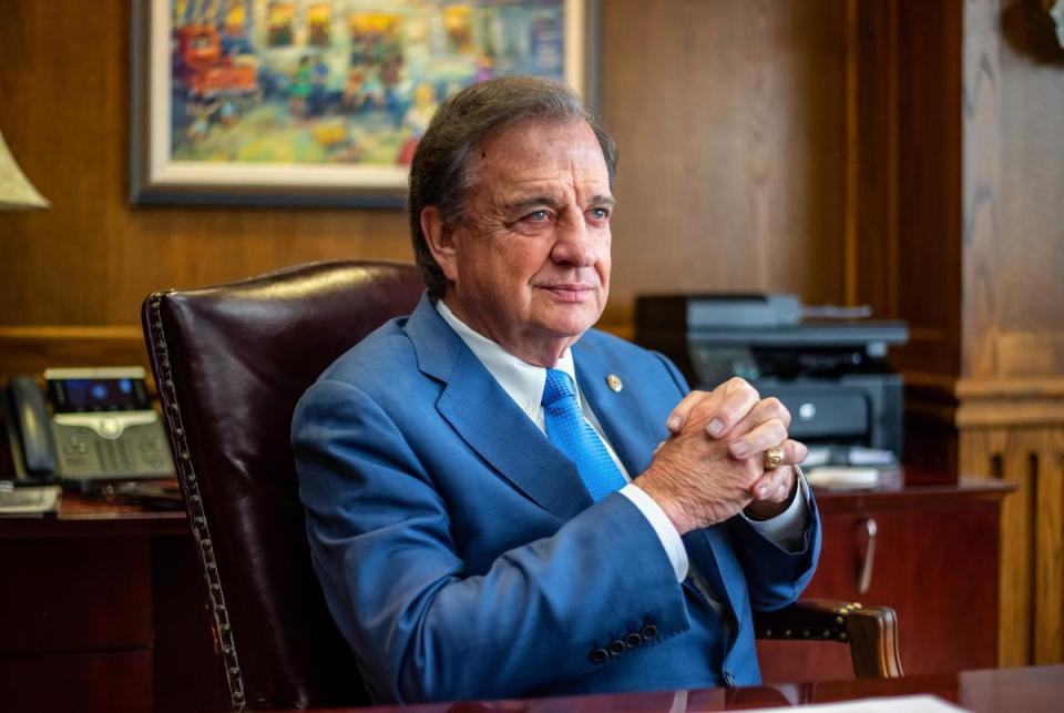 Texas A&M Chancellor John Sharp poses for a portrait in his office on Monday, March 27, 2023 in College Station, TX.