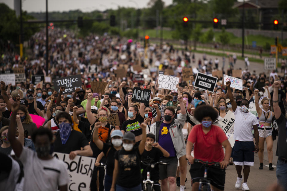 Marchers protest the killing of George Floyd on May 26 in Minneapolis. (Stephen Maturen/Getty Images)