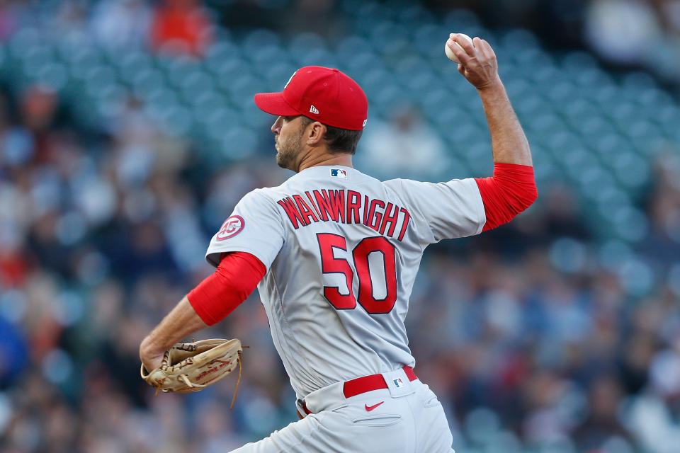 SAN FRANCISCO, CALIFORNIA - JULY 06: Adam Wainwright #50 of the St. Louis Cardinals pitches in the bottom of the first inning  against the San Francisco Giants at Oracle Park on July 06, 2021 in San Francisco, California. (Photo by Lachlan Cunningham/Getty Images)