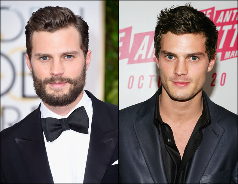 The “50 Shades” star has grown a beard in recent months, trading his pretty boy image for a tougher look.