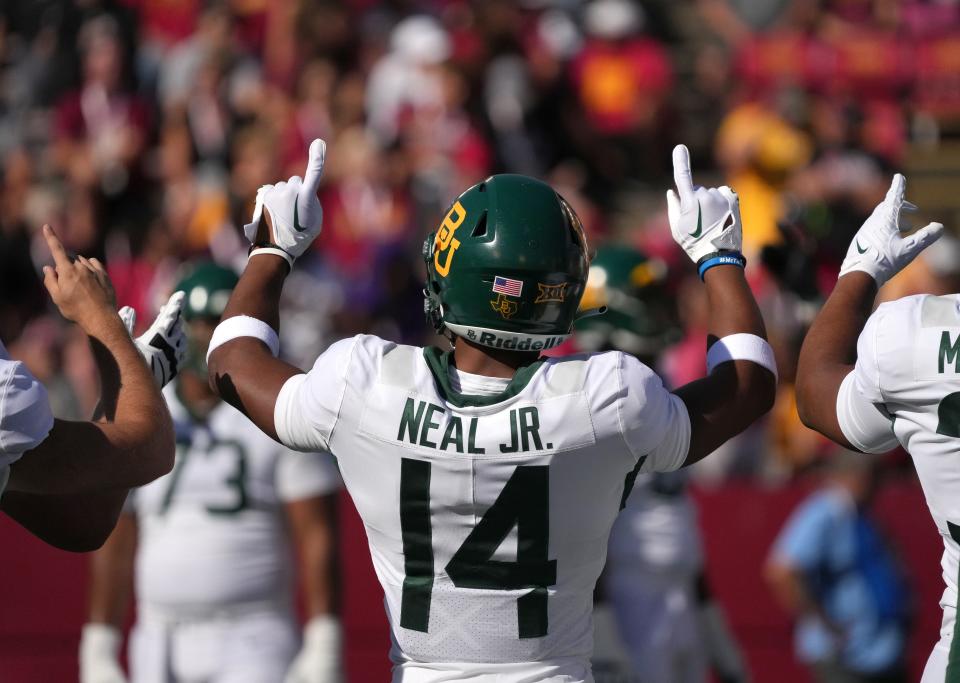 Sep 24, 2022; Ames, Iowa, USA; Baylor safety Devin Neal Jr., fires up his teammates prior to kickoff against Iowa State at Jack Trice Stadium. Mandatory Credit: Bryon Houlgrave/Des Moines Register-USA TODAY Sports