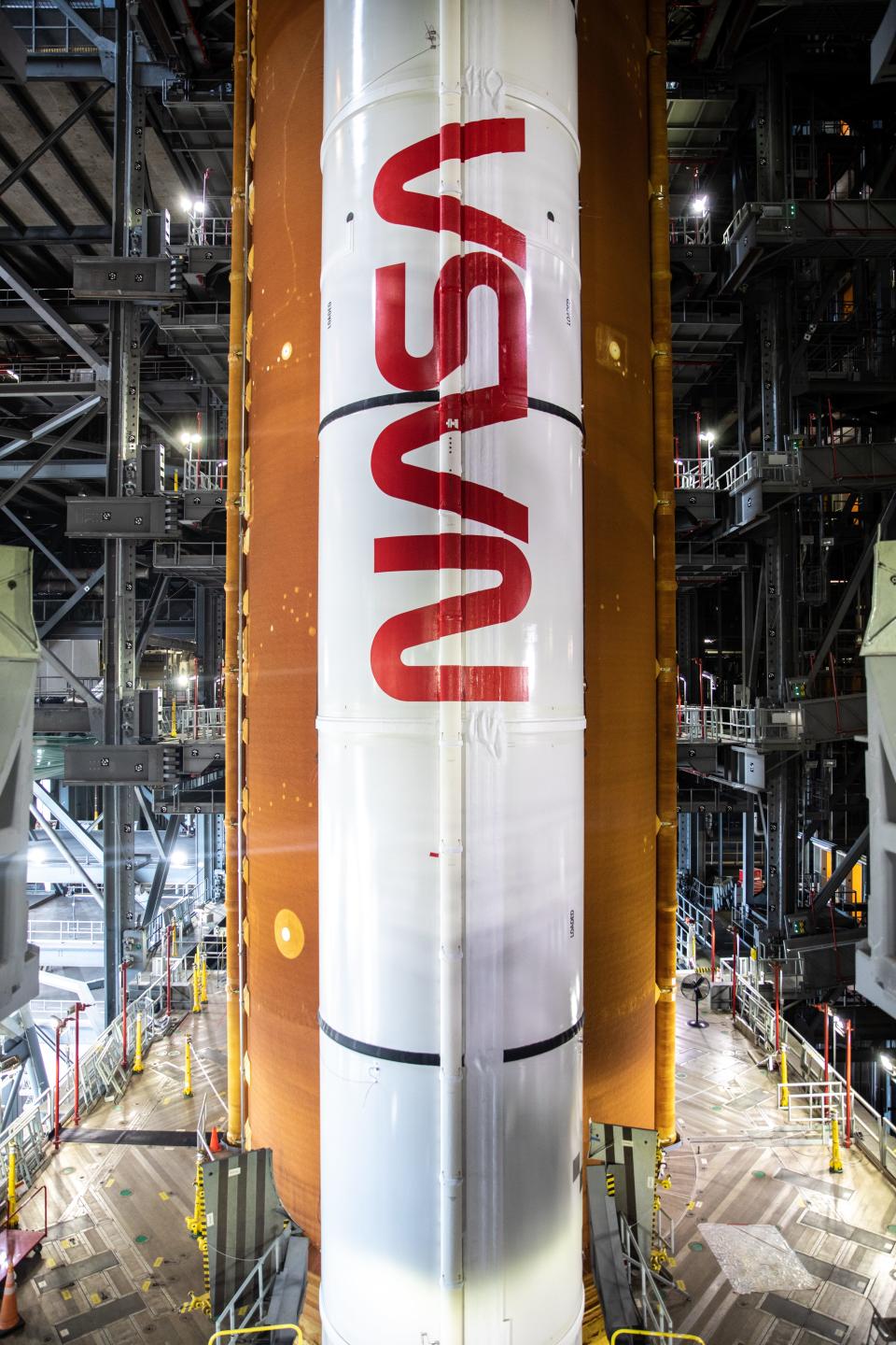 NASA added its iconic worm logo to the SLS solid rocket boosters for the Artemis I mission.